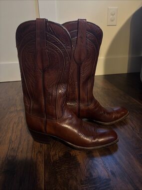 Lucchese Handmade Brown Seville Goatskin Leather Embroidered Cowboy Boots